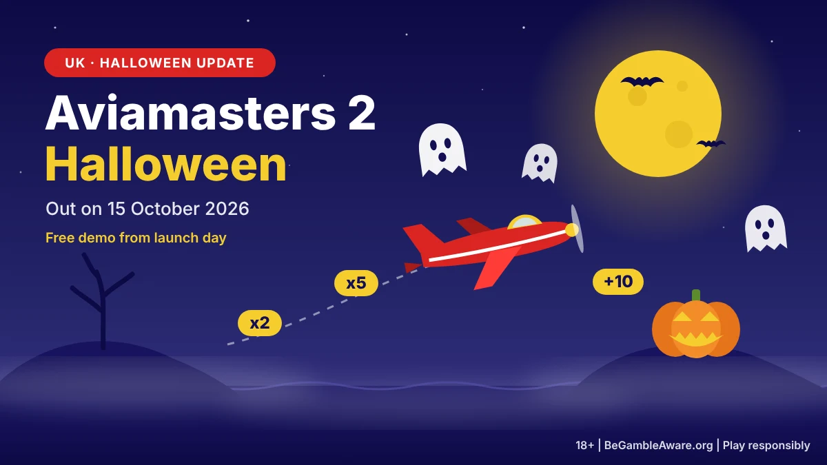 Aviamasters 2 Halloween UK – red plane flying past ghosts and a jack-o’-lantern under a full moon